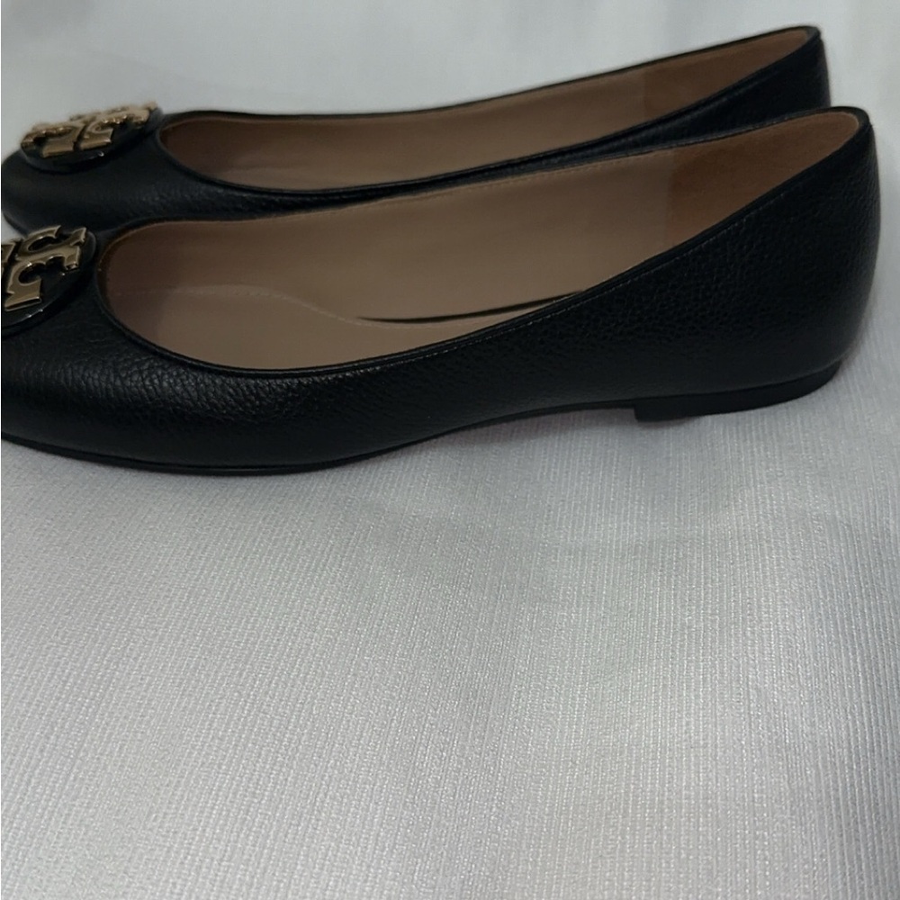 Tory Burch Black Flats with Gold Logo Medallion - Picture 3 of 6